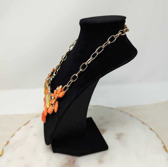J. Crew neon coral orange rhinestone and brassy-gold chain mixed media necklace - Picture 5 of 10